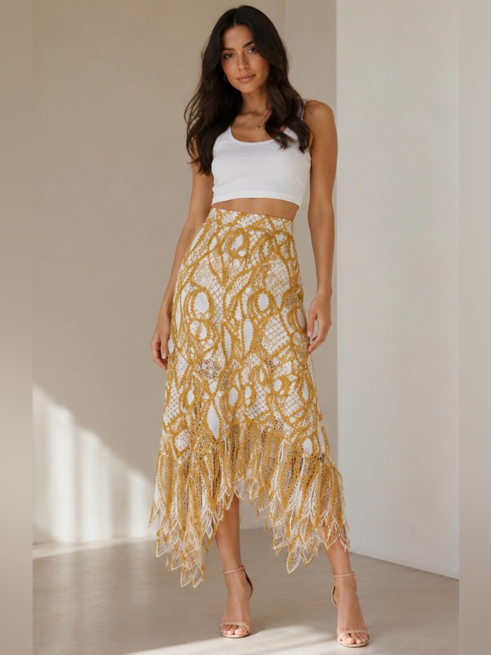 Women's Lace Overlay Midi Skirt in Mustard Yellow
